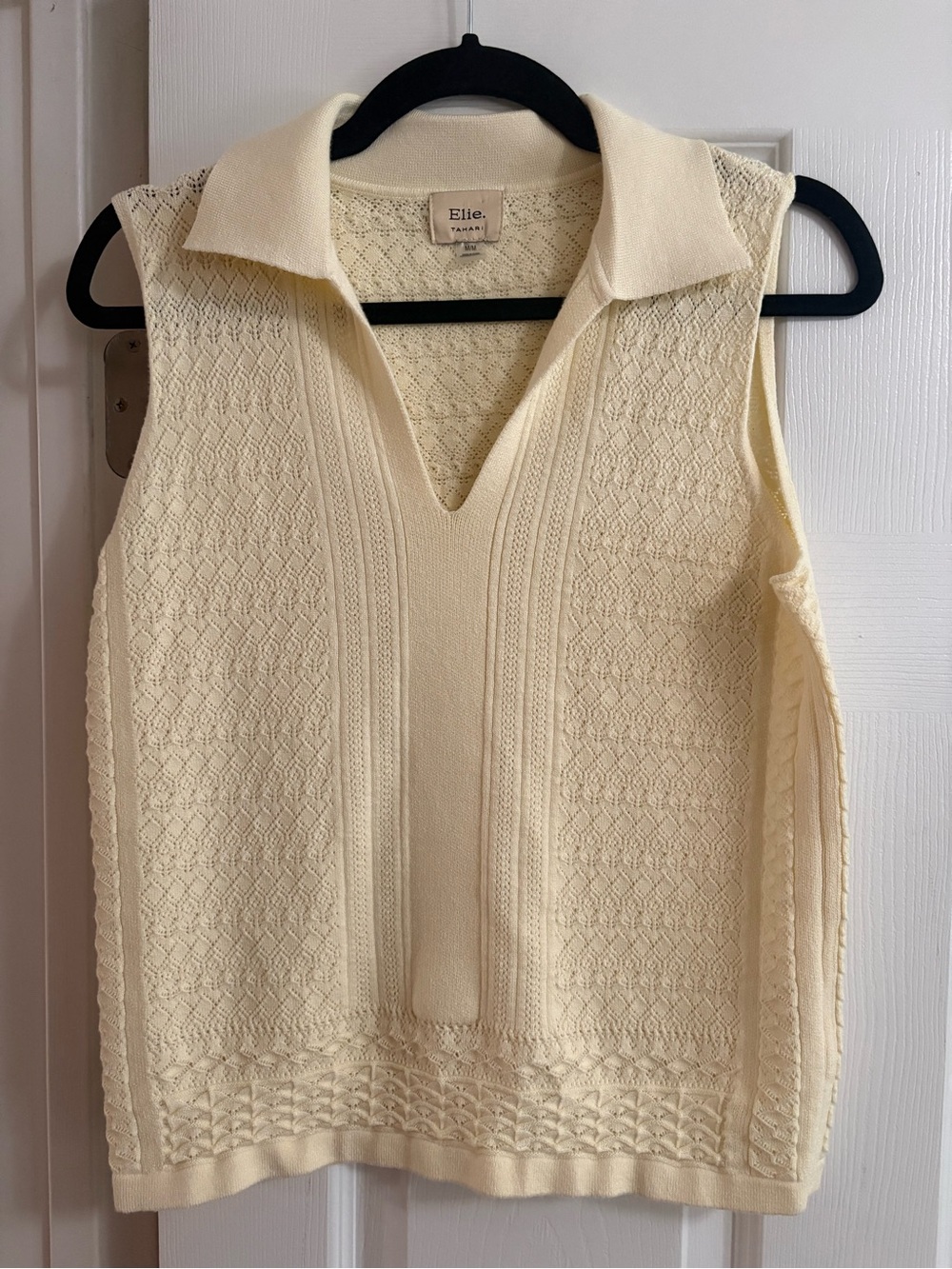 Elie Tahari sleeveless sweater blouse top collared cream knit stretch office M - Picture 1 of 4